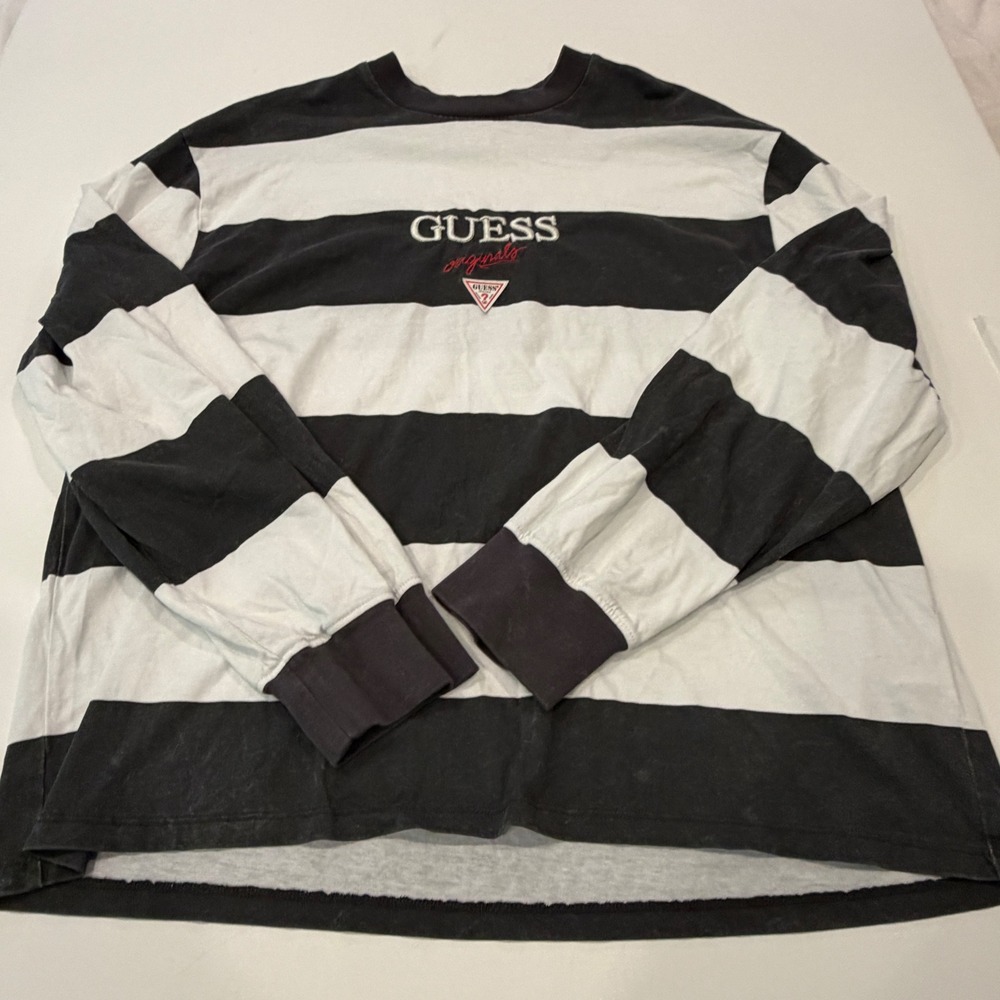 Guess Originals Striped Long Sleeve Rugby Shirt Embroidered Logo Large Y2K